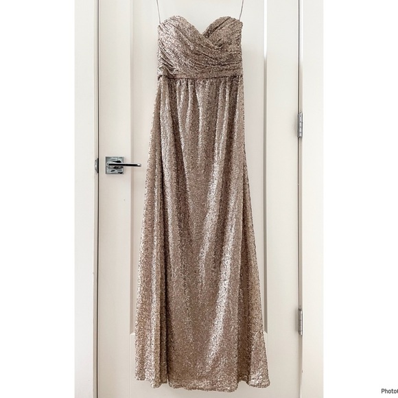 Amsale Dresses Amsale London Sequin Tulle Strapless Column Maxi Gown In Gold Sz8 - Picture 2 of 10